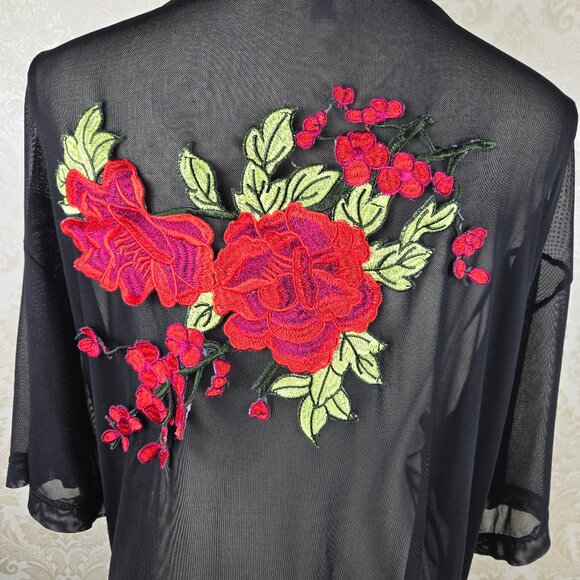 Persaya Size XL Black Sheer Kimono Robe Rose Floral Applique on Back No Closure - Picture 5 of 9